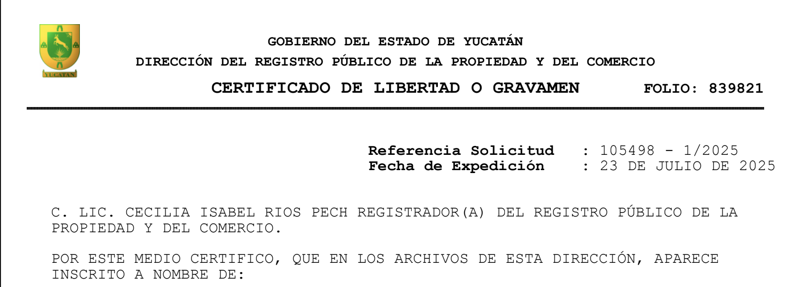 Certificado de libertad de gravamen